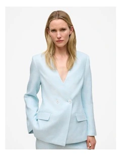 Linen Collarless V Neck Blazer in Pastel Blue