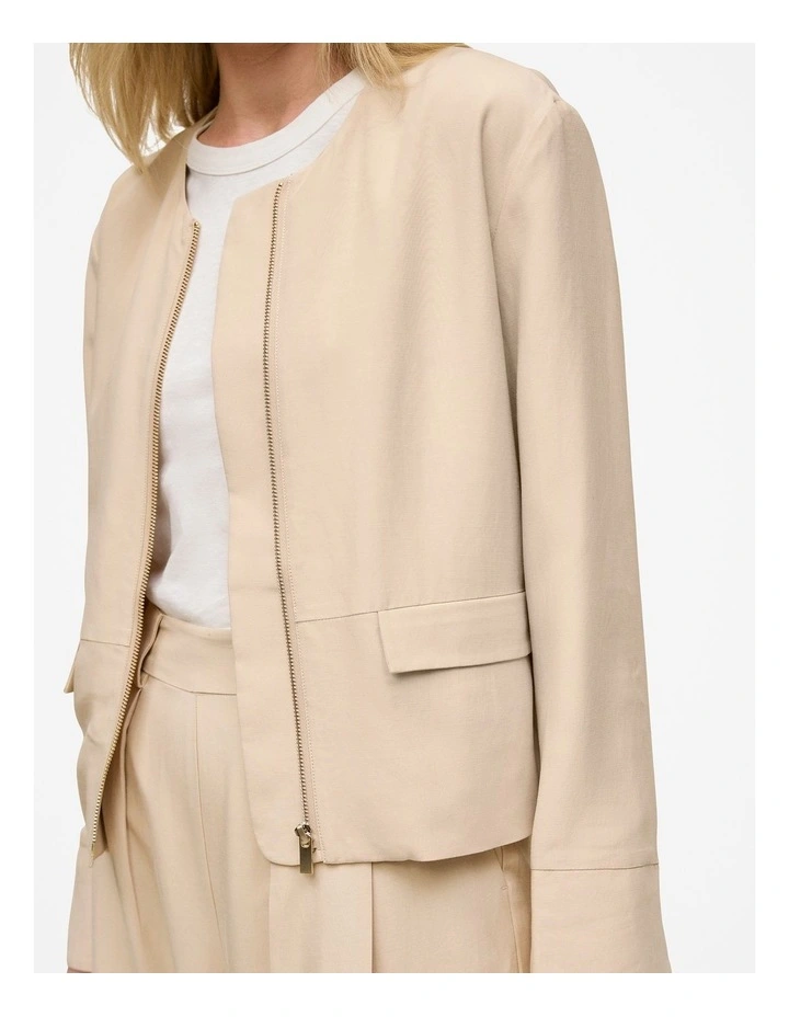 Soft Collarless Blouson Jacket in Sand image 3
