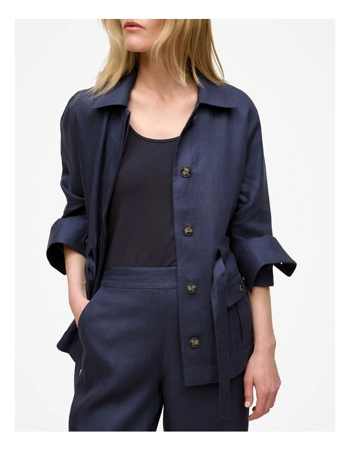 Linen Pocket Detail Belted Jacket in Night Sky image 3