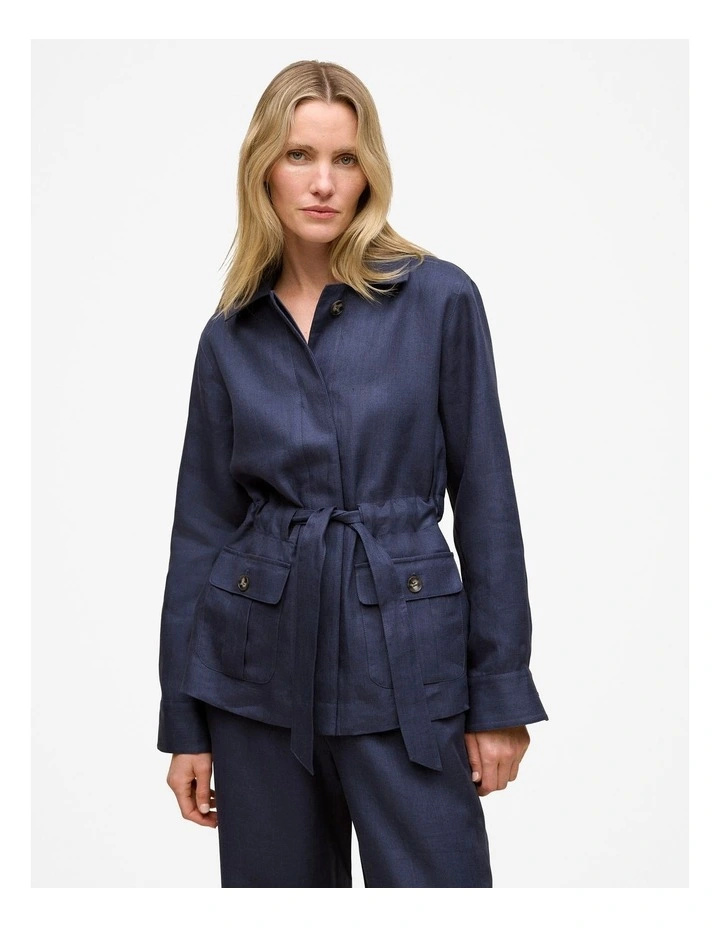 Linen Pocket Detail Belted Jacket in Night Sky image 7