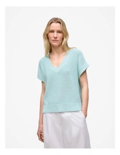 Mercerised Cotton Relaxed V Neck Knit in Pastel Blue