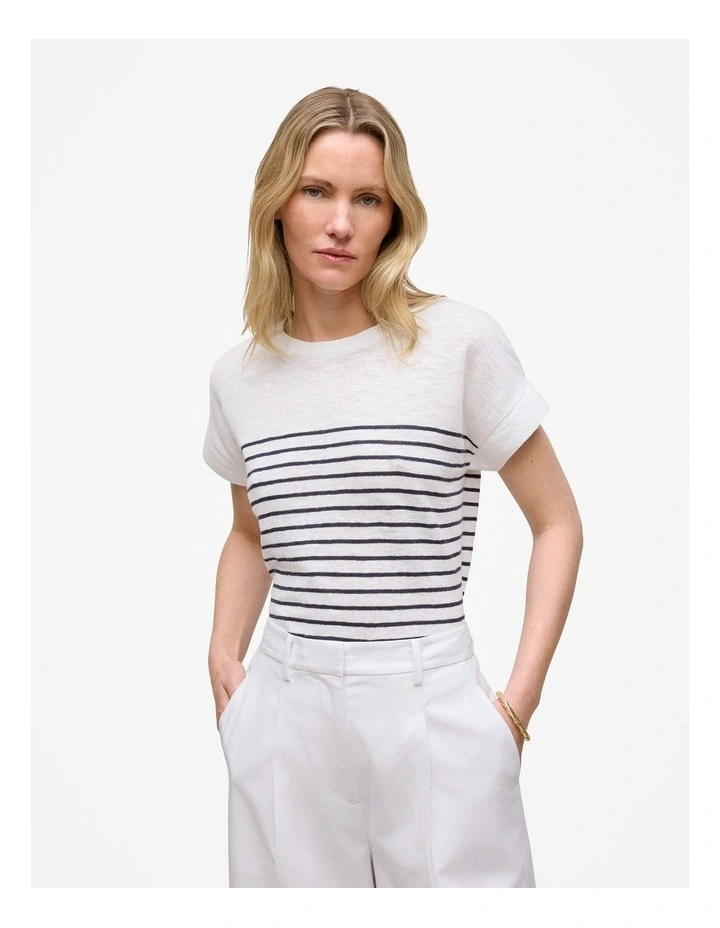 Linen Cotton Stripe Relaxed Crew T-shirt in Night Sky image 1