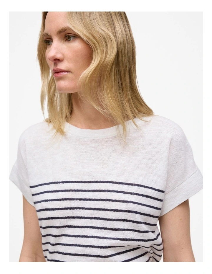 Linen Cotton Stripe Relaxed Crew T-shirt in Night Sky image 3