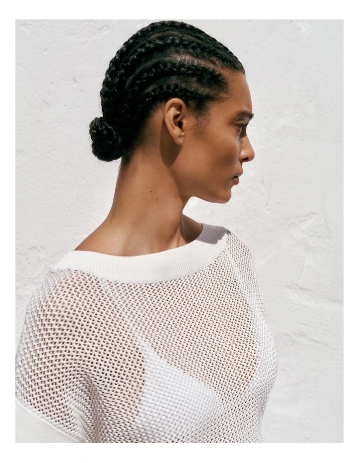 Mercerised Cotton Open Knit T-shirt in Ivory image 2