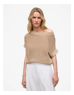 Mercerised Cotton Open Knit T-shirt in Sand