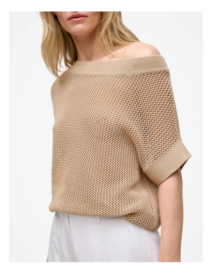 Mercerised Cotton Open Knit T-shirt in Sand image 3