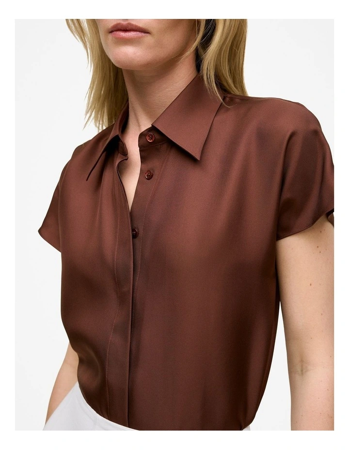 Silk Twill Cap Sleeve Shirt in Espresso image 3