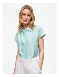 Silk Twill Cap Sleeve Shirt in Pastel Blue