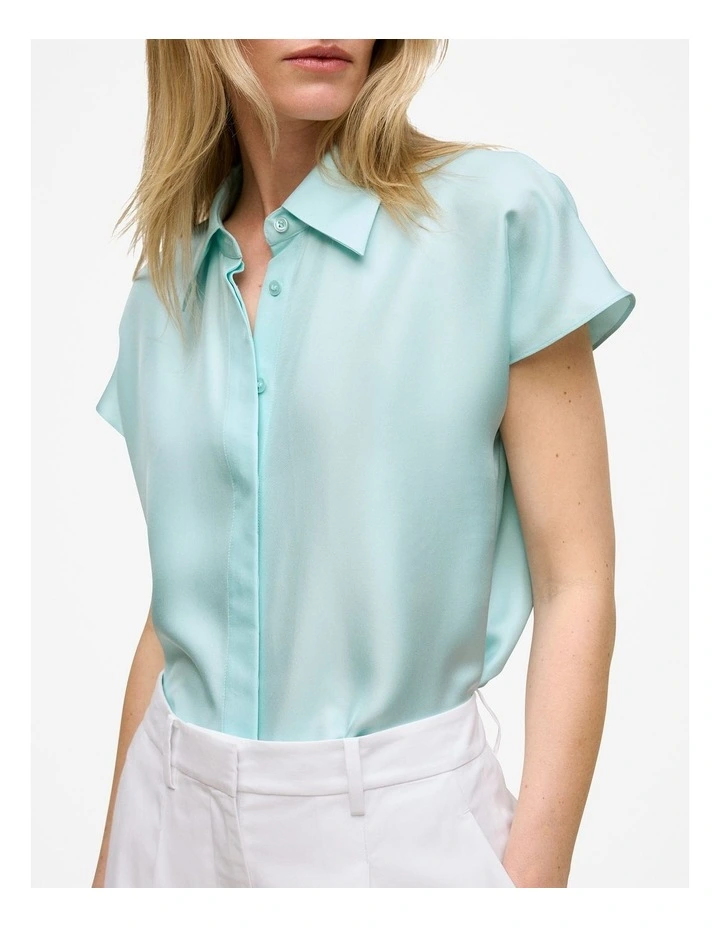Silk Twill Cap Sleeve Shirt in Pastel Blue image 3