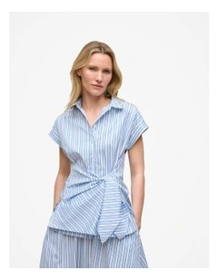 Jacquard Stripe Poplin Tie Front Shirt in Pastel Blue