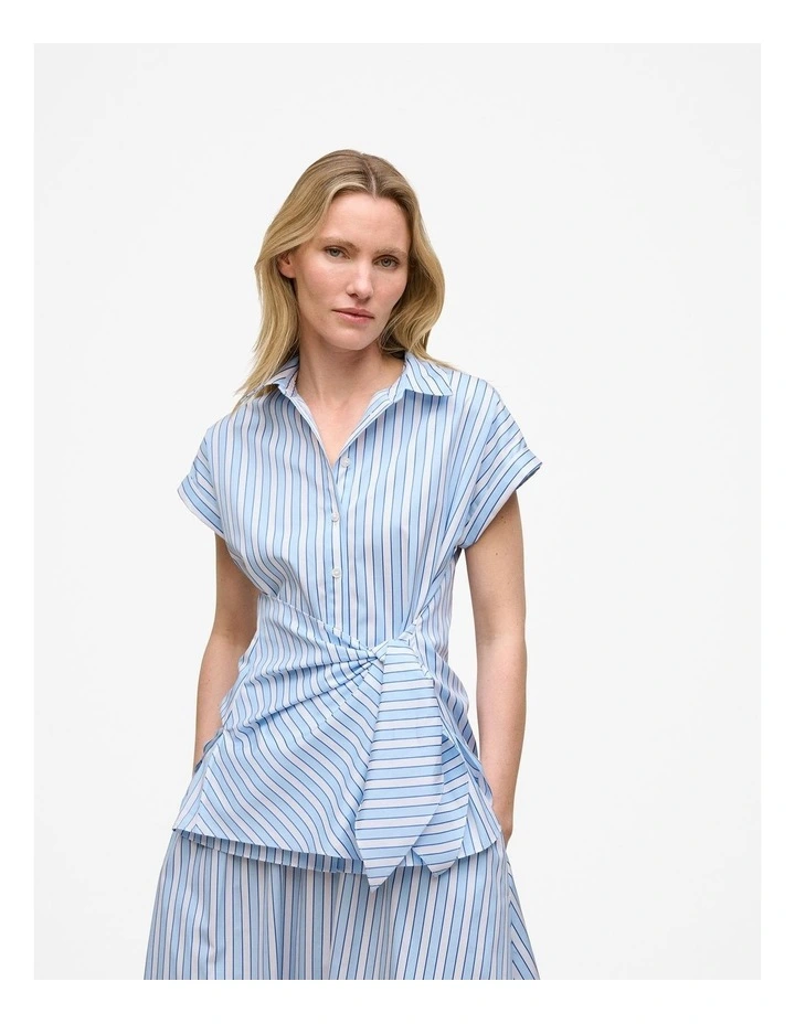 Jacquard Stripe Poplin Tie Front Shirt in Pastel Blue image 1