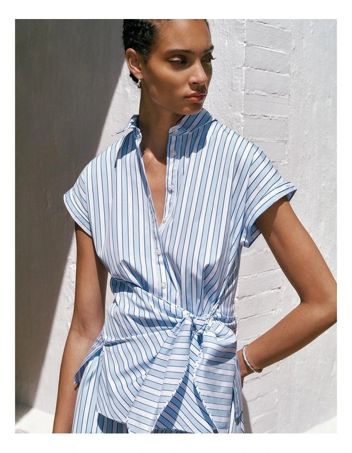 Jacquard Stripe Poplin Tie Front Shirt in Pastel Blue image 2