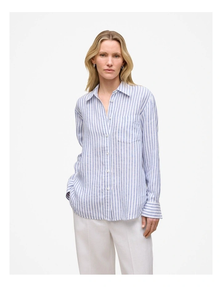 Yarn Dyed Linen Stripe Pocket Shirt in Vivid Blue image 1