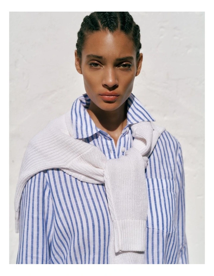 Yarn Dyed Linen Stripe Pocket Shirt in Vivid Blue image 2
