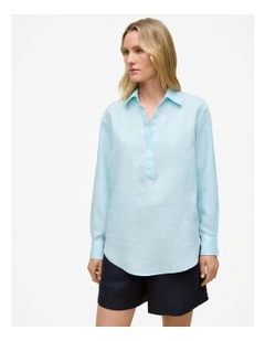 Linen Relaxed Half Placket Shirt in Pastel Blue