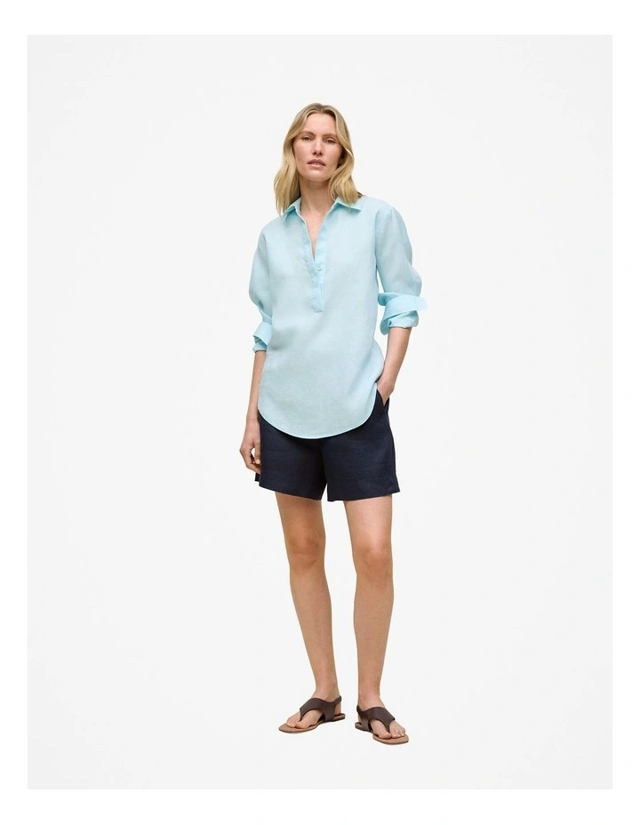 Linen Relaxed Half Placket Shirt in Pastel Blue image 2