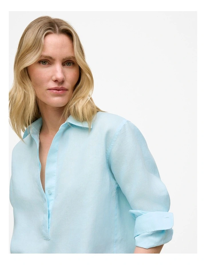 Linen Relaxed Half Placket Shirt in Pastel Blue image 3