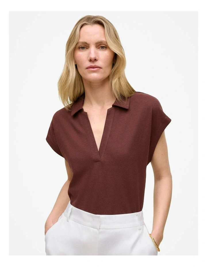 Linen Cotton Relaxed Cap Sleeve Polo in Espresso image 1