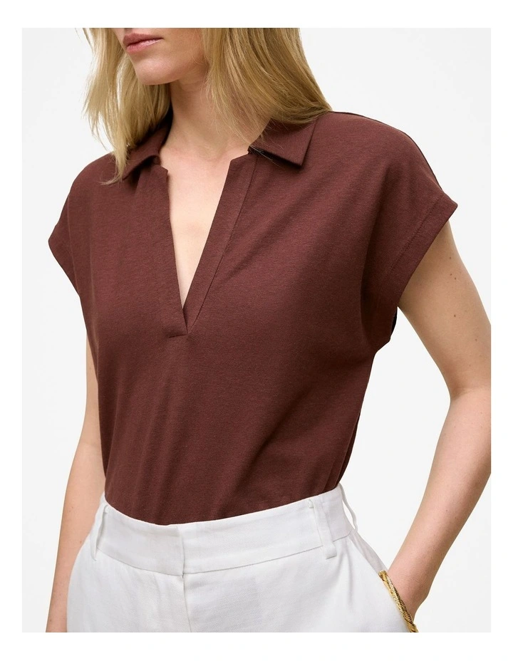 Linen Cotton Relaxed Cap Sleeve Polo in Espresso image 3