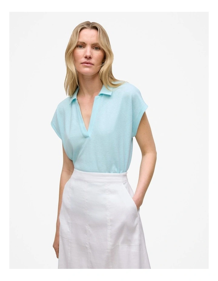 Linen Cotton Relaxed Cap Sleeve Polo in Pastel Blue image 1