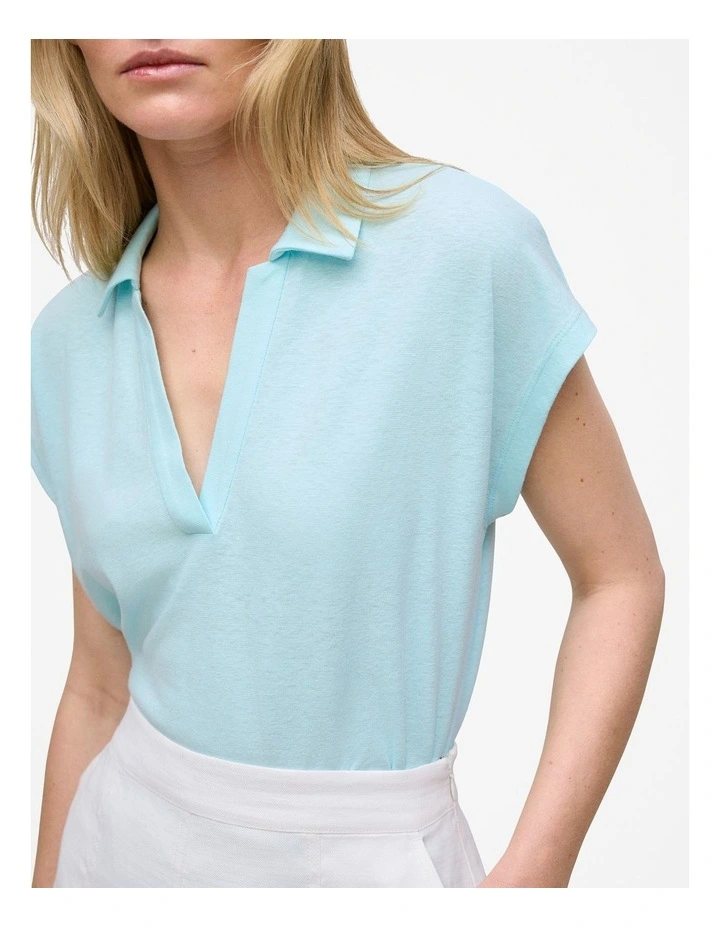 Linen Cotton Relaxed Cap Sleeve Polo in Pastel Blue image 3