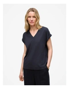 Linen Cotton V Neck T-shirt in Night Sky