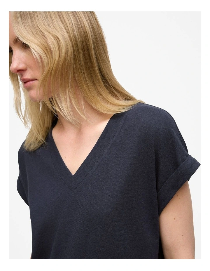 Linen Cotton V Neck T-shirt in Night Sky image 3