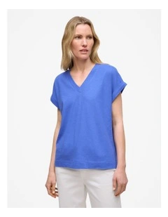 Linen Cotton V Neck T-shirt in Vivid Blue