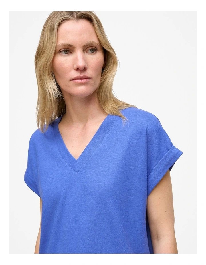 Linen Cotton V Neck T-shirt in Vivid Blue image 3