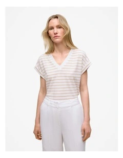 Linen Cotton Stripe V Neck T-shirt in Sand