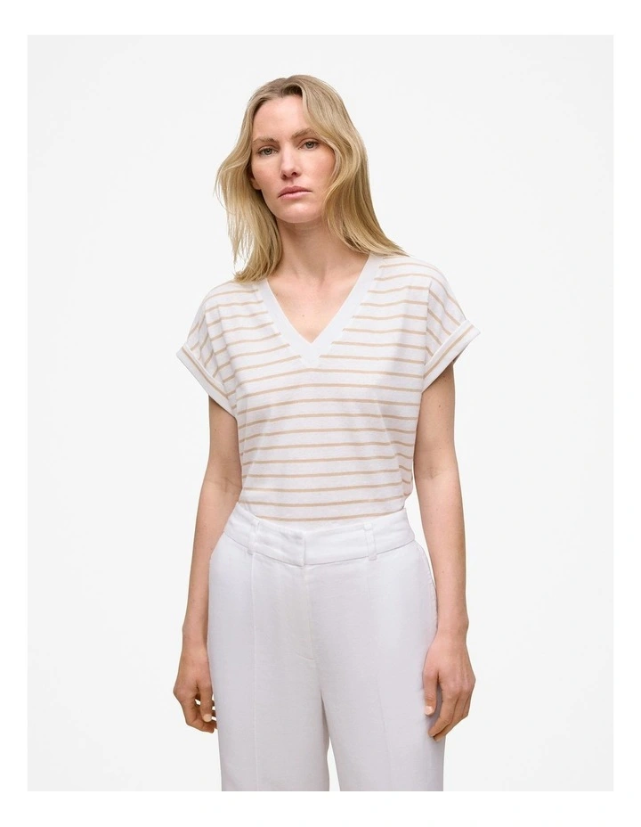 Linen Cotton Stripe V Neck T-shirt in Sand image 1