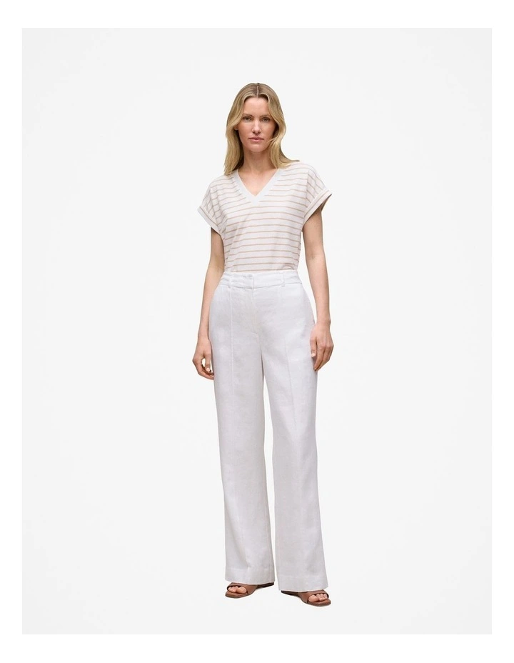 Linen Cotton Stripe V Neck T-shirt in Sand image 2
