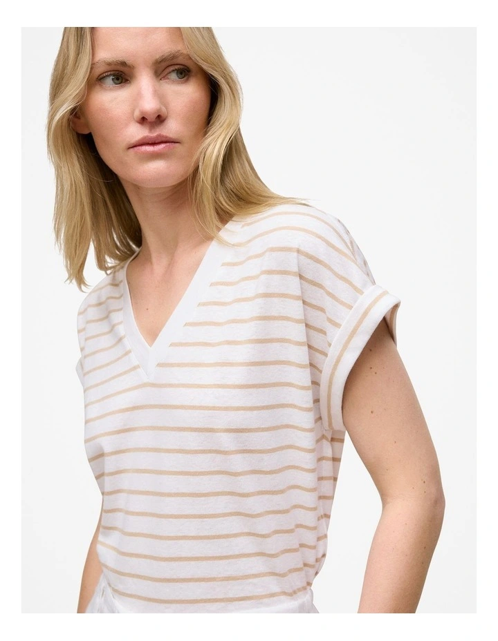 Linen Cotton Stripe V Neck T-shirt in Sand image 3
