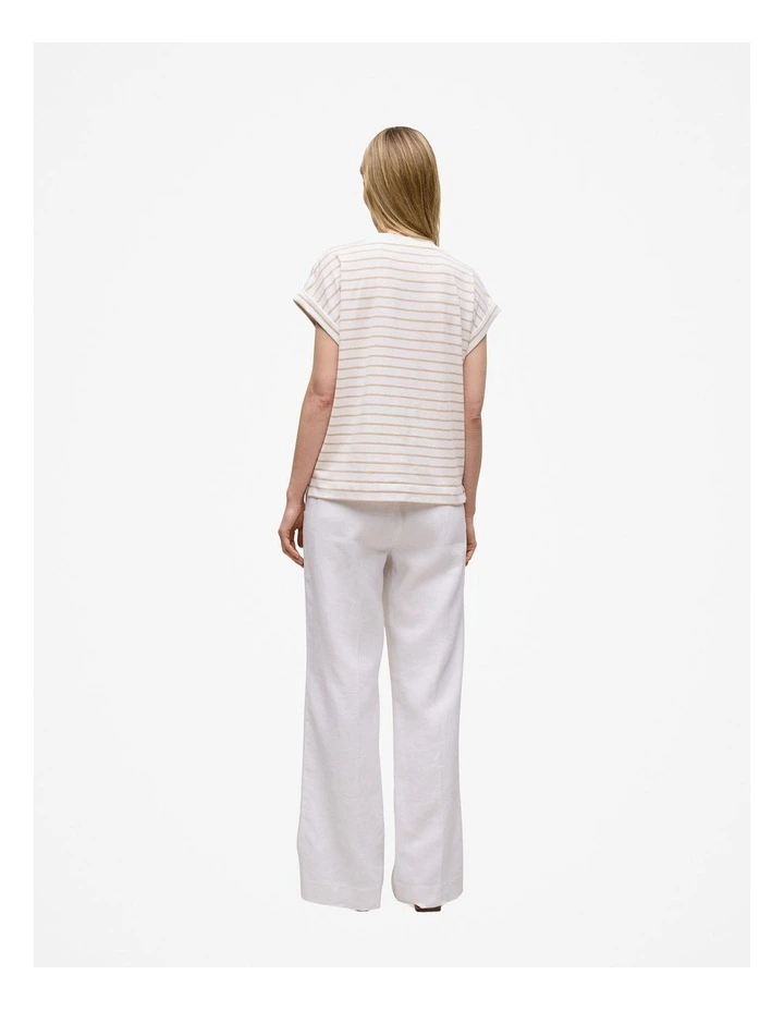 Linen Cotton Stripe V Neck T-shirt in Sand image 4
