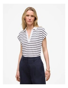 Linen Cotton Jersey Stripe Polo in Night Sky