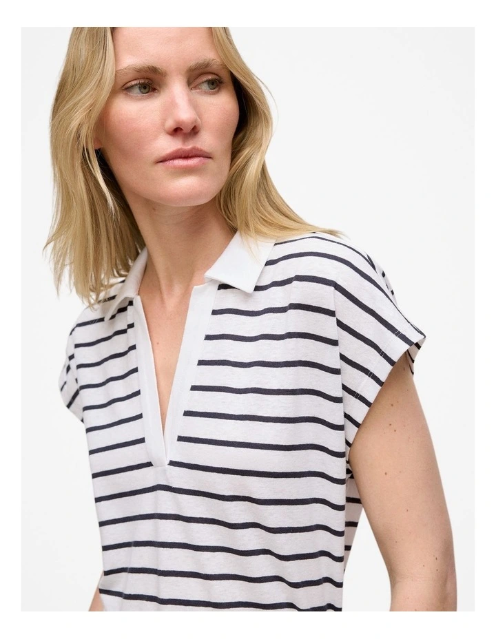 Linen Cotton Jersey Stripe Polo in Night Sky image 3