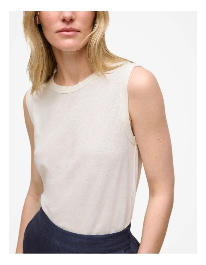 Linen Cotton Crew Tank in White image 3