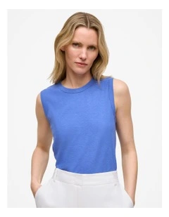 Linen Cotton Crew Tank in Vivid Blue