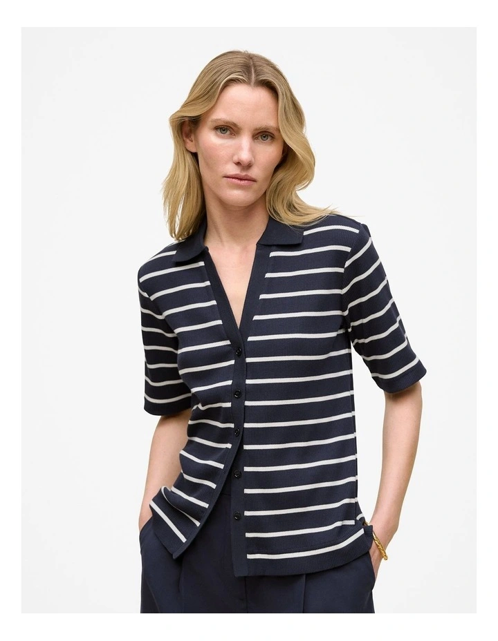 Stripe Rib Button Through T-shirt in Night Sky image 1