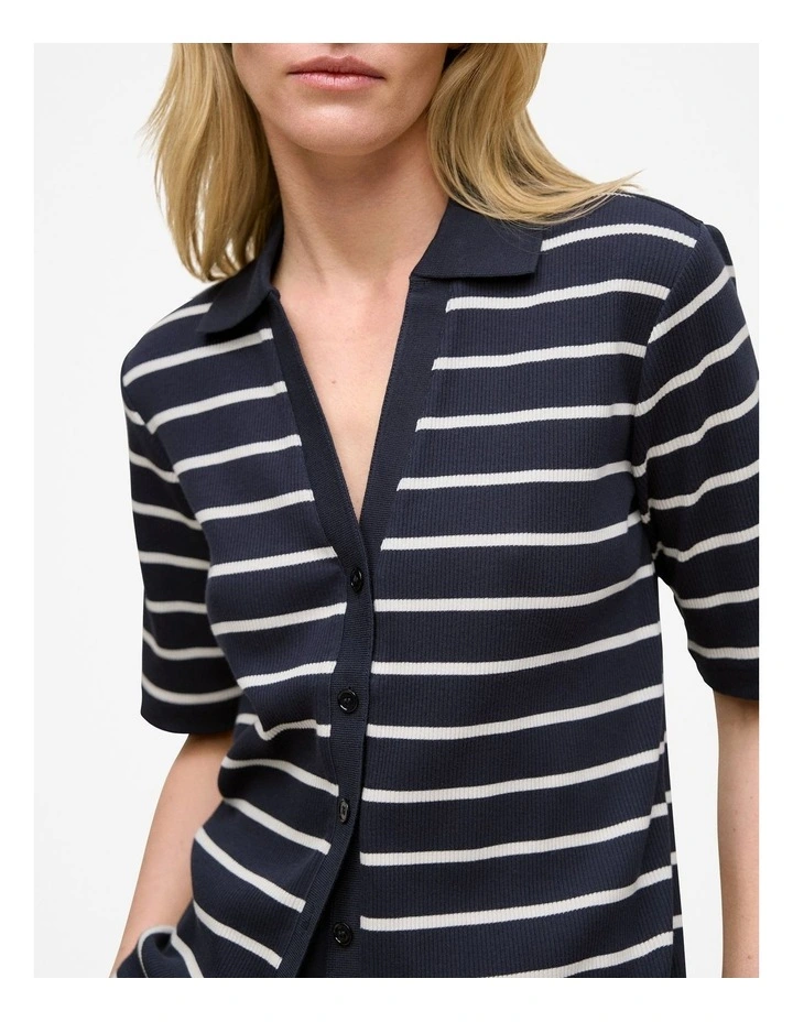 Stripe Rib Button Through T-shirt in Night Sky image 3