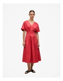 Cotton Sateen Pleat Waist Dress in Crimson in Pink