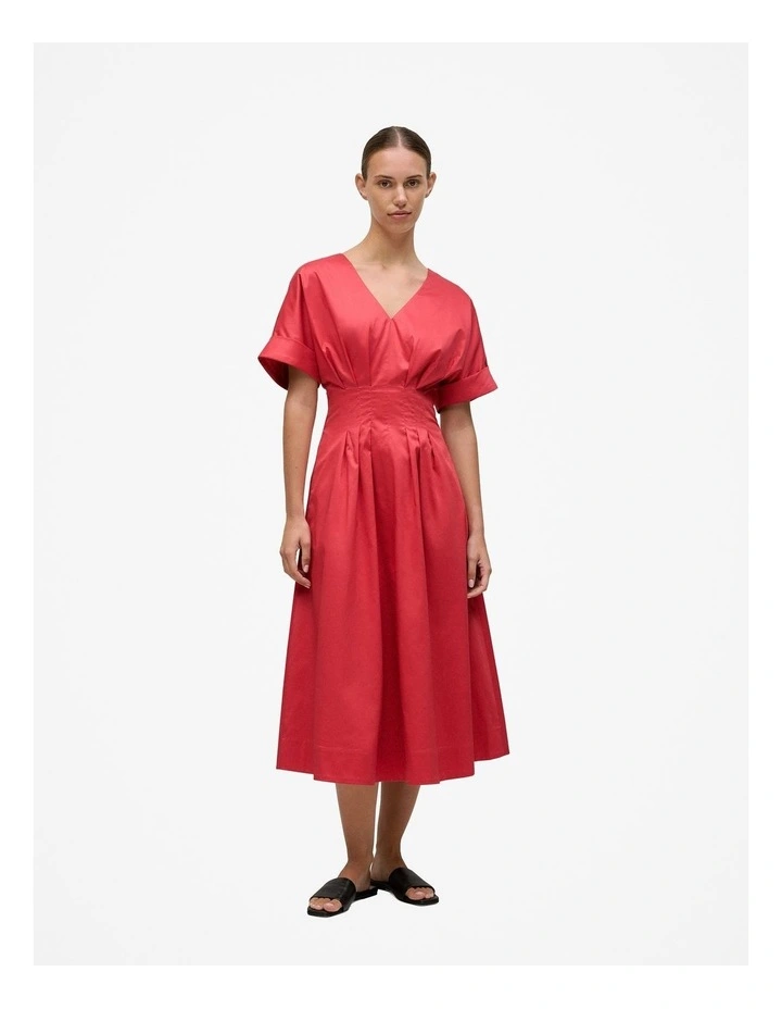 Cotton Sateen Pleat Waist Dress in Crimson in Pink image 1