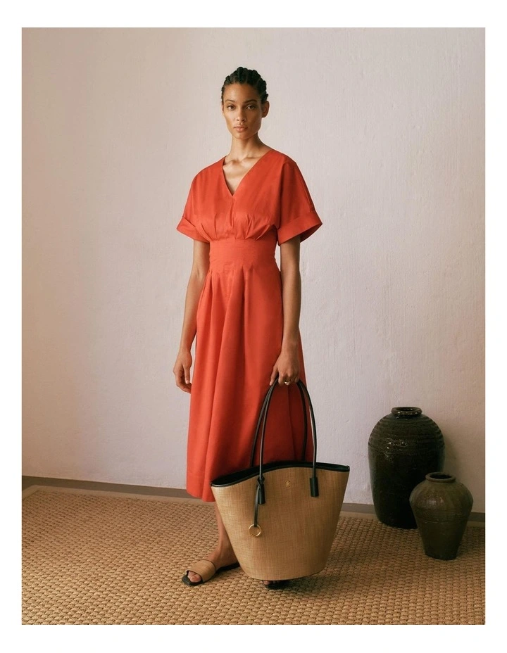 Cotton Sateen Pleat Waist Dress in Crimson in Pink image 2