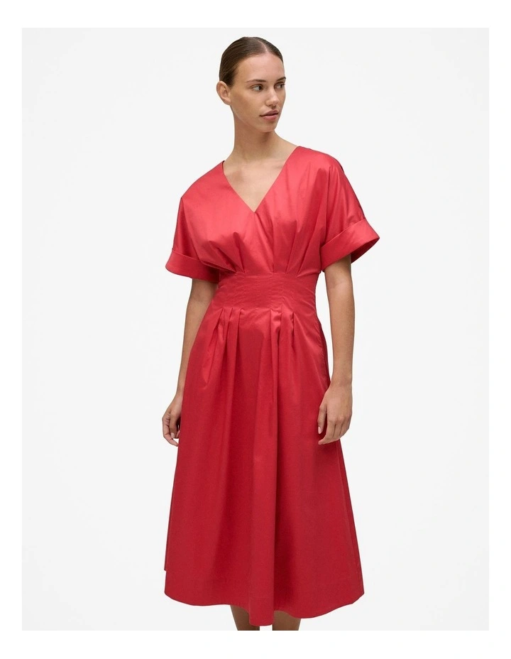 Cotton Sateen Pleat Waist Dress in Crimson in Pink image 3
