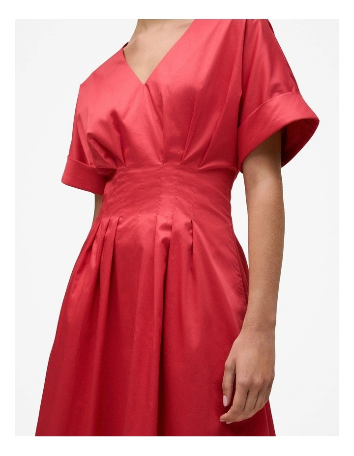 Cotton Sateen Pleat Waist Dress in Crimson in Pink image 4