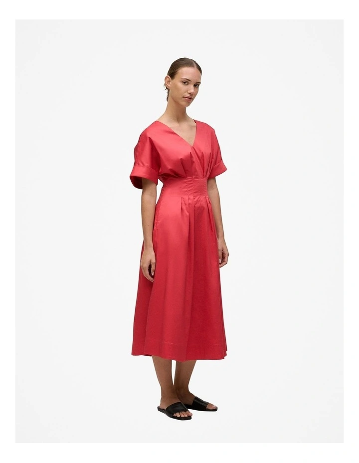 Cotton Sateen Pleat Waist Dress in Crimson in Pink image 5