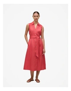 Linen Sleeveless Shirt Dress in Crimson in Pink