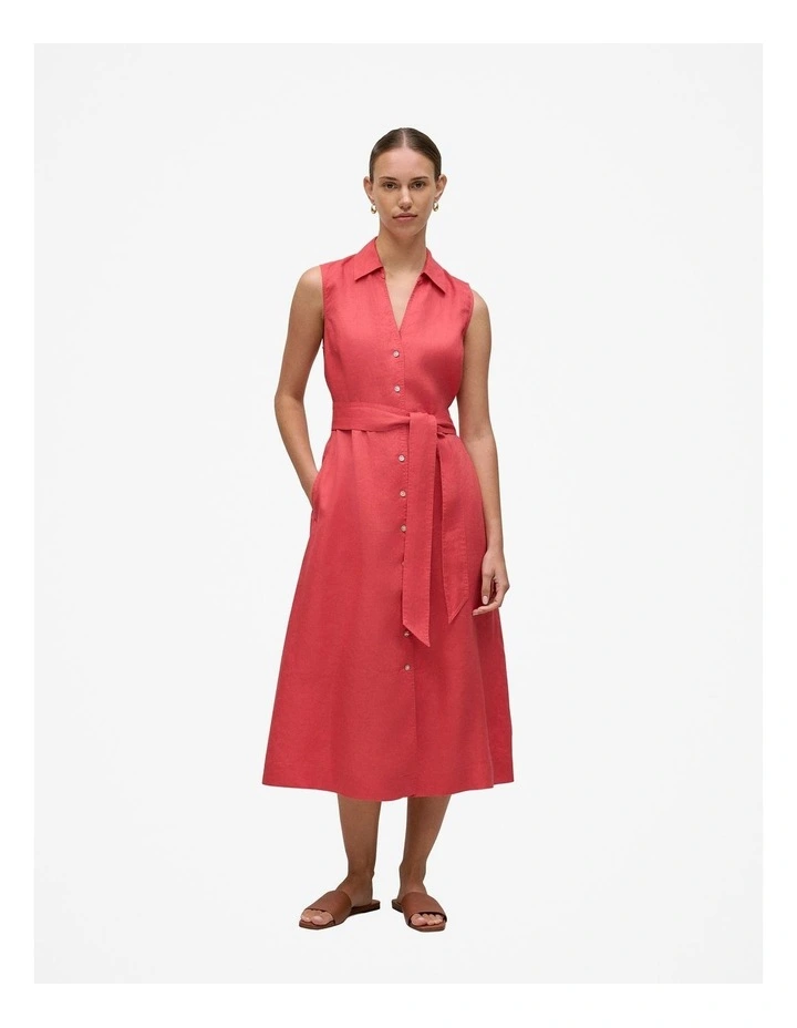 Linen Sleeveless Shirt Dress in Crimson in Pink image 1