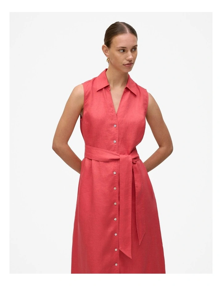 Linen Sleeveless Shirt Dress in Crimson in Pink image 2