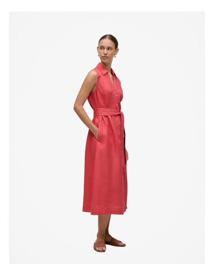 Linen Sleeveless Shirt Dress in Crimson in Pink image 3